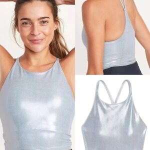 NWT Old Navy Powersoft Longline Melted Ice Silver Shimmer Yoga Sports Bra Large